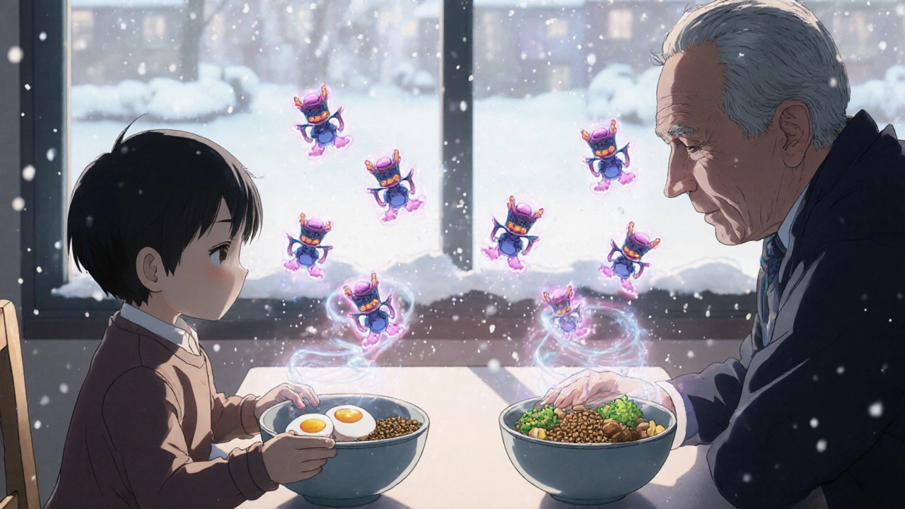 Child and elder sharing a meal with glowing immune cells forming protective auras.