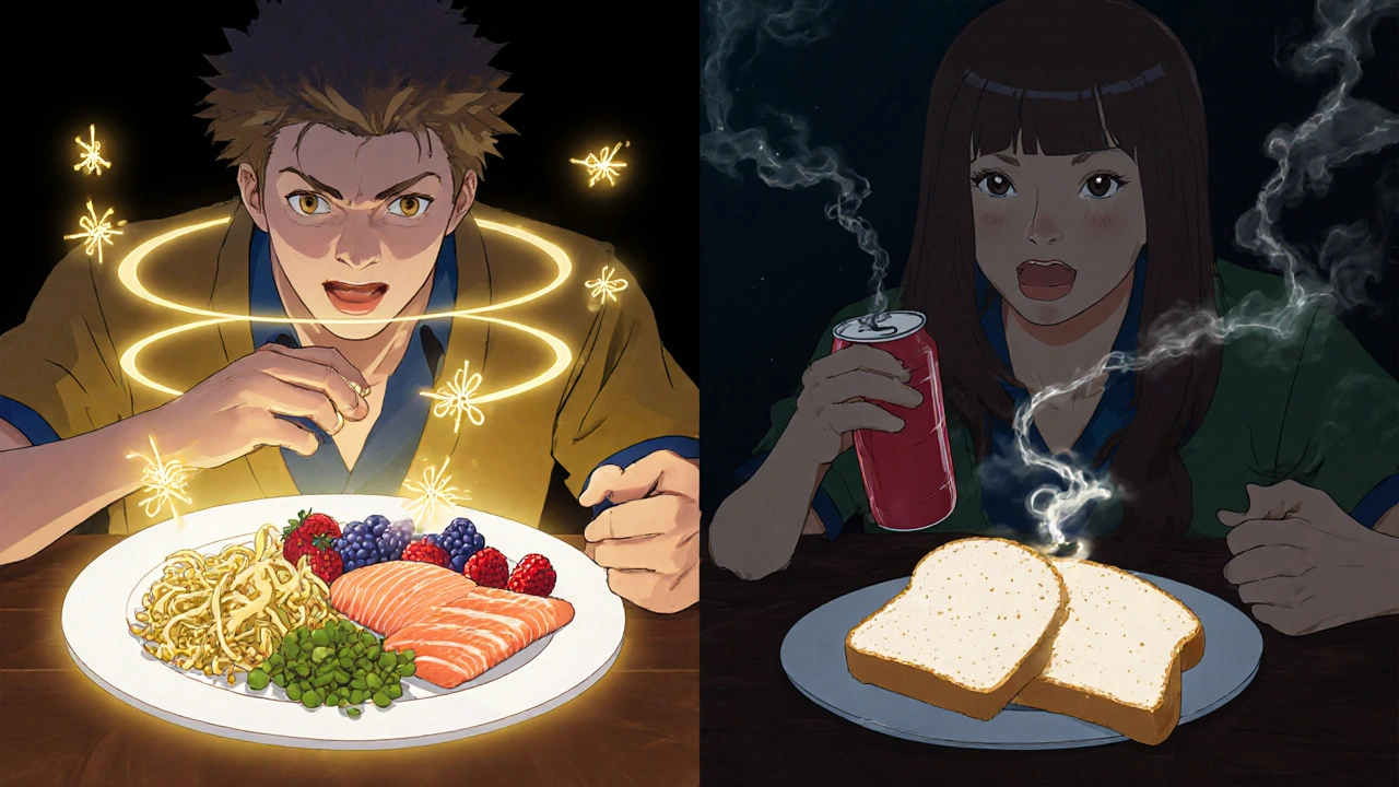 Split-screen contrast: healthy food glowing with immune cells vs. junk food draining energy.