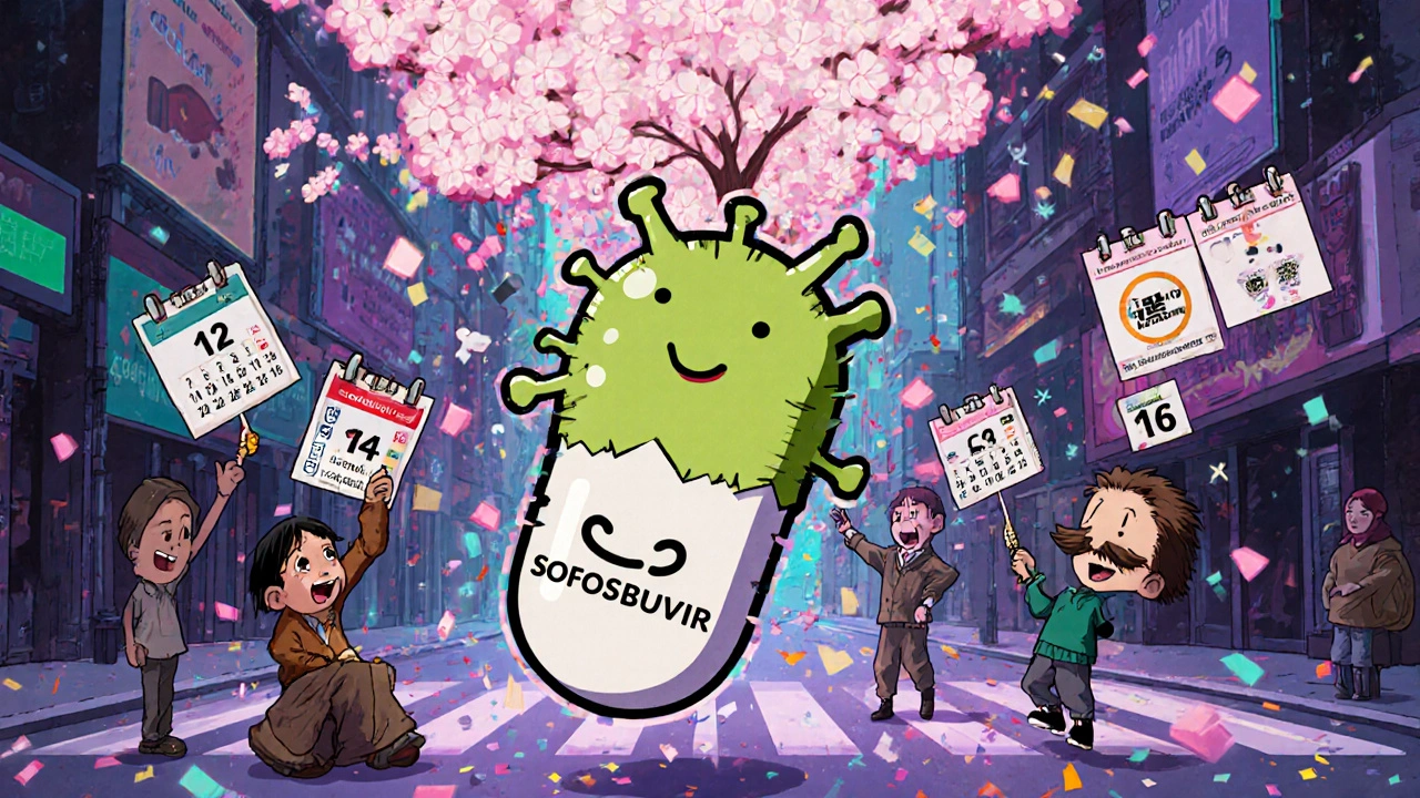 A cartoon virus is swallowed by a smiling pill while diverse people hold test strips that bloom into flowers.