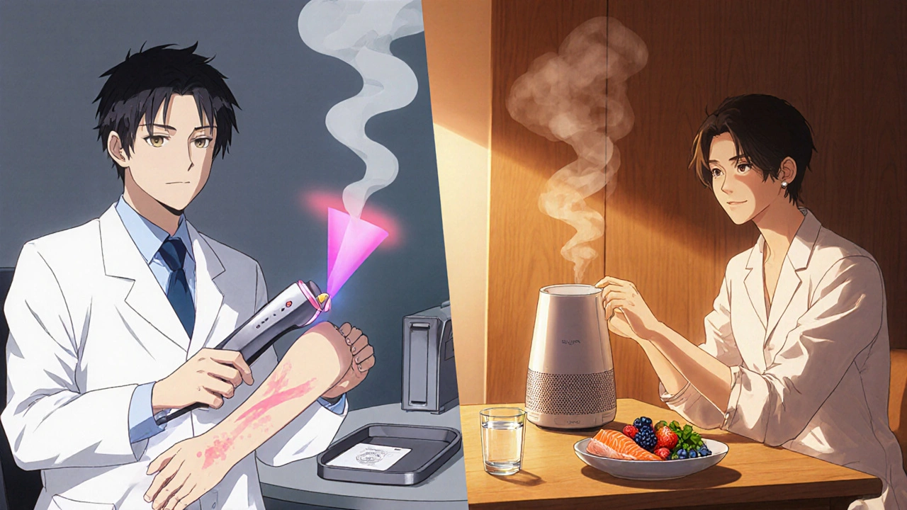 A dermatologist uses a laser on a patient while the same person uses a humidifier and eats healthy foods at home.