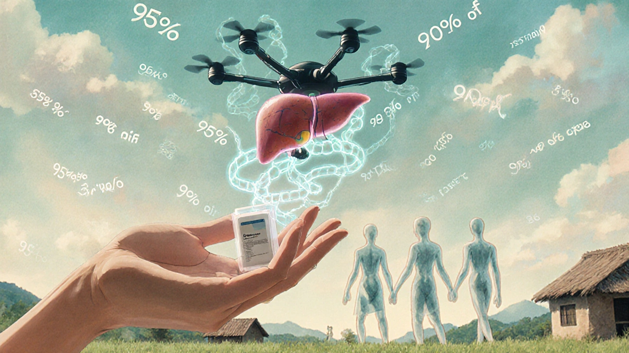 A drone delivers a test kit as DNA strands form a healthy liver, with cured figures walking among floating cure rates.