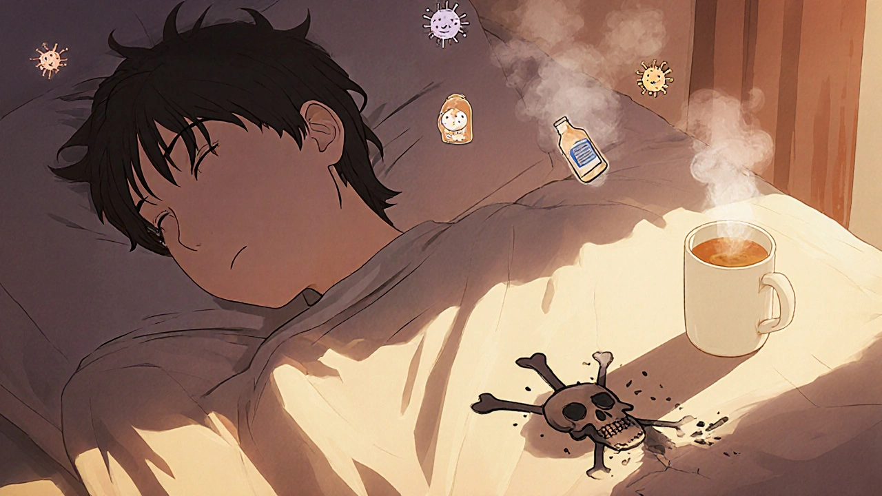 A heart patient sleeping peacefully beside saline spray and humidifier, while a broken decongestant bottle dissolves into ash.