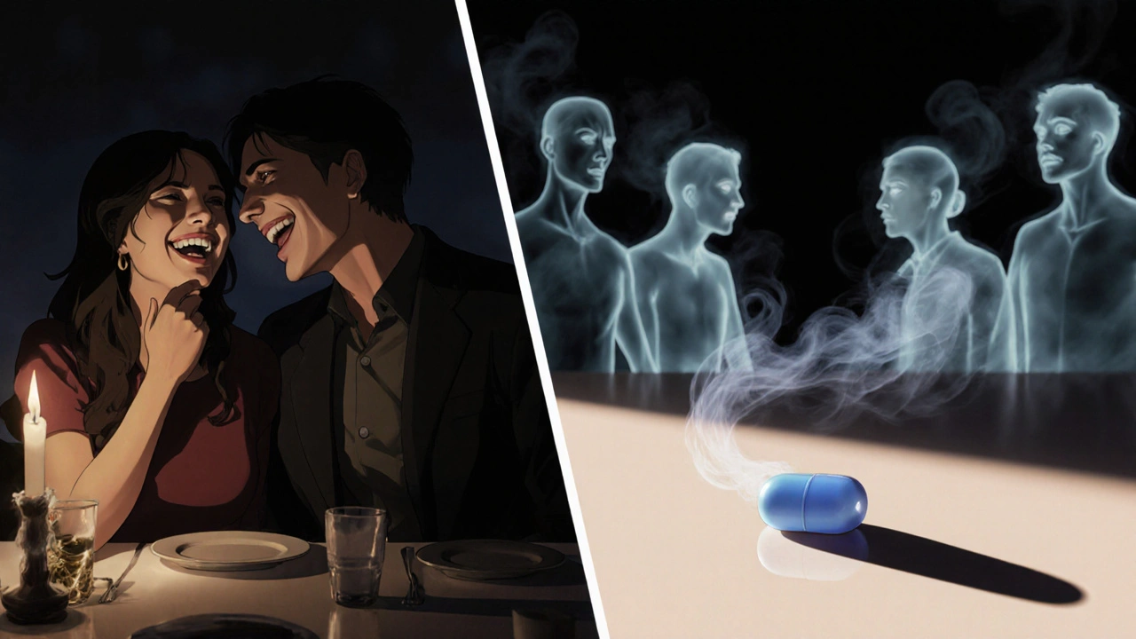 A man shares a laugh with his partner while other ED pills dissolve into smoke beside a glowing Tadalis SX tablet.