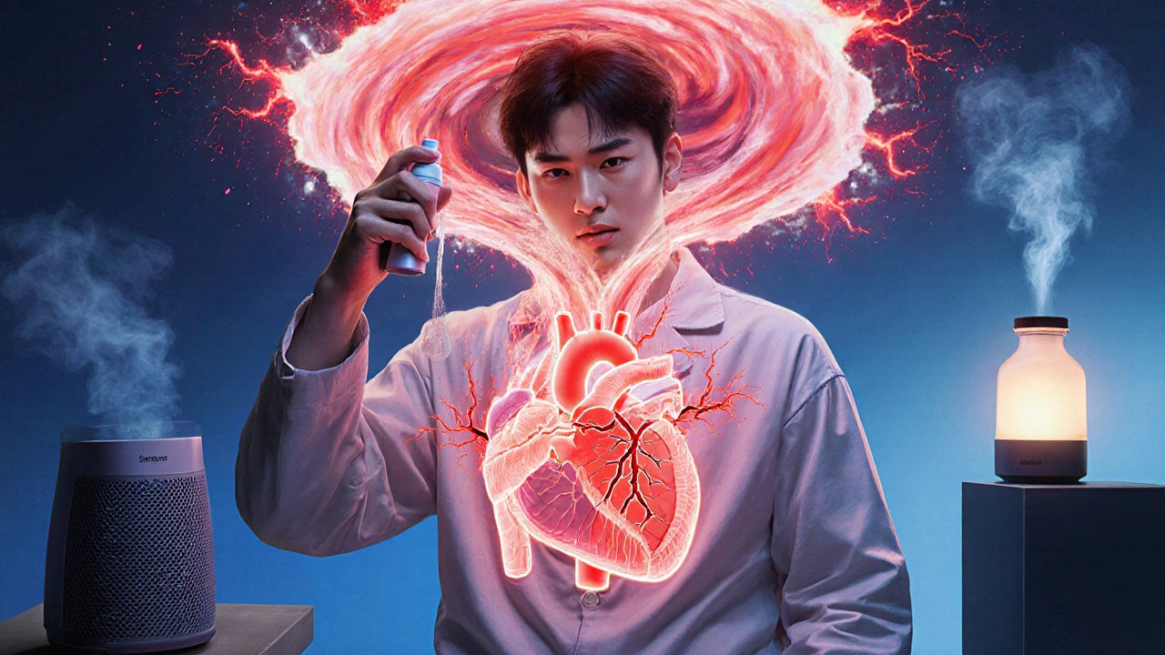 A man using nasal spray that triggers a violent heart reaction, with glowing veins and pulsing red bursts.