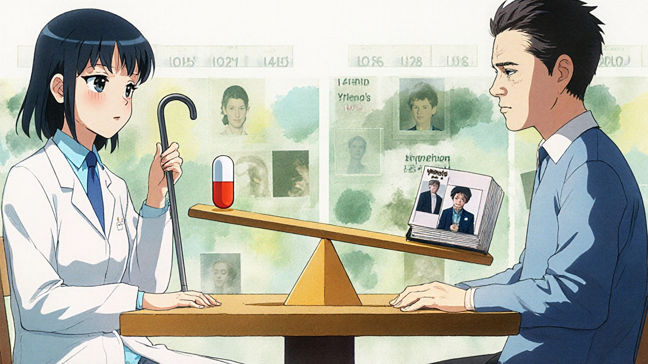 A seesaw balancing a levodopa pill and a fading photo album, with emotional faces and shifting timelines.