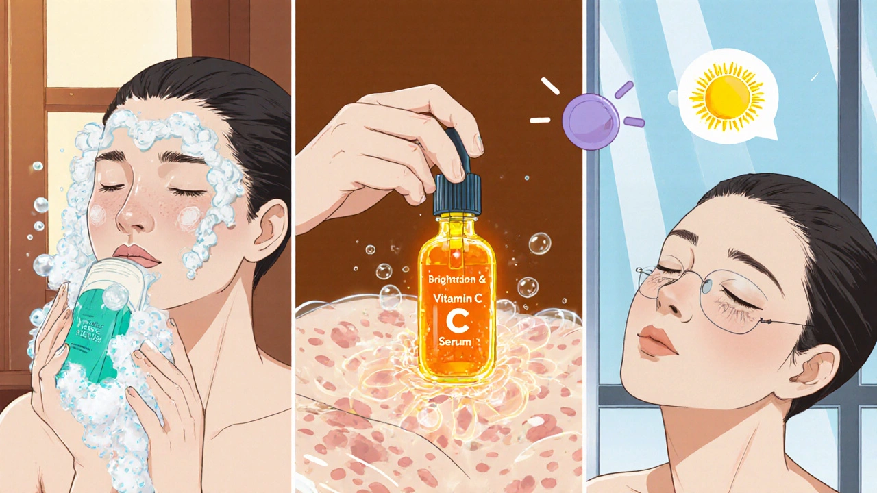 A split scene shows a person cleansing, applying Vitamin C serum, and moisturizing while applying sunscreen during winter.
