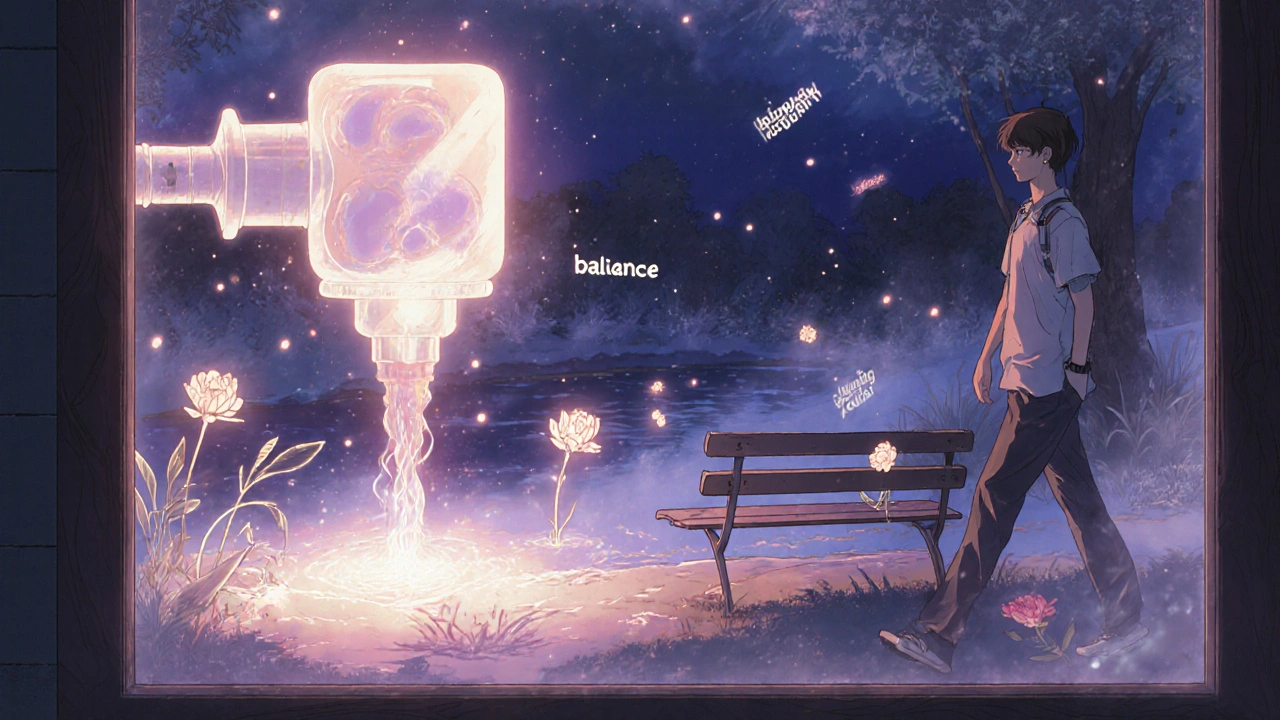 A steady dopamine stream from a gel pump calming a brain river, with memories blooming as flowers outside.