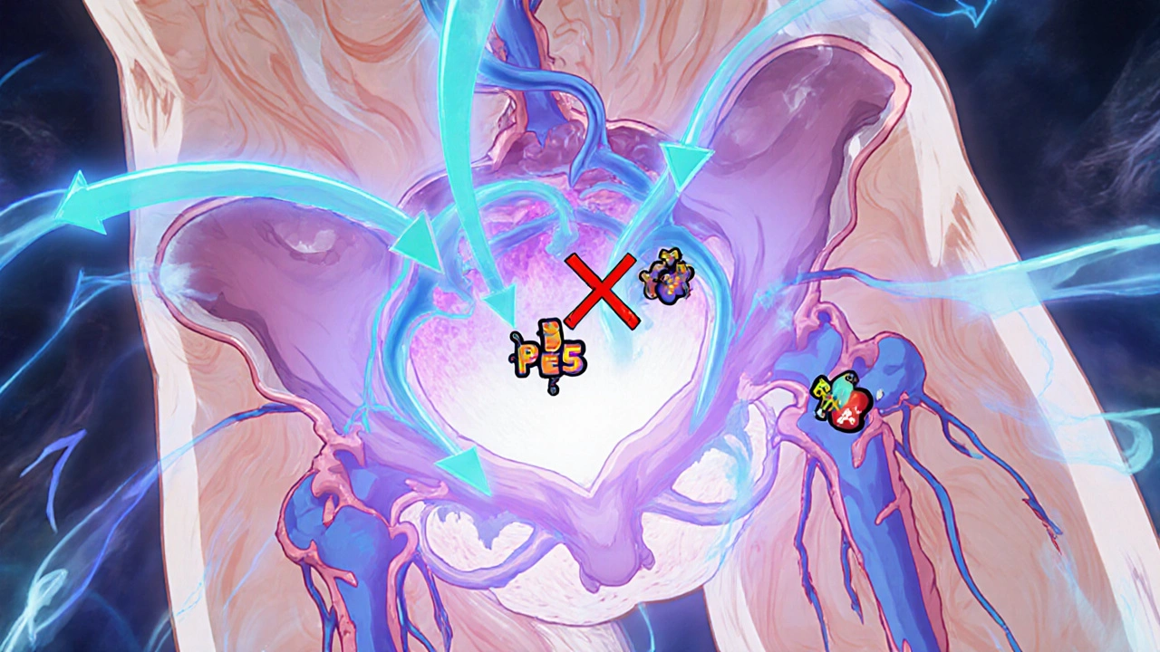 Anime illustration of blood vessels dilating as a PDE5 inhibitor blocks enzymes.