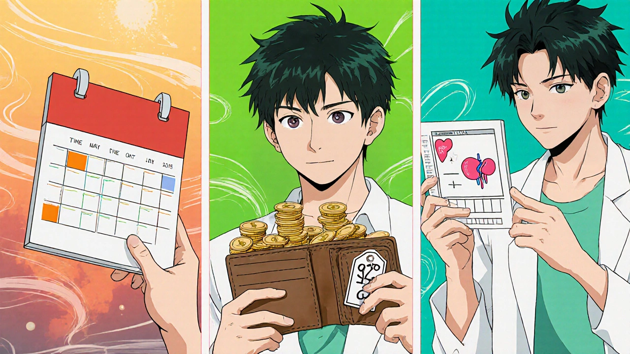 Anime split scene showing timing, budget, and health factors for pill choice.