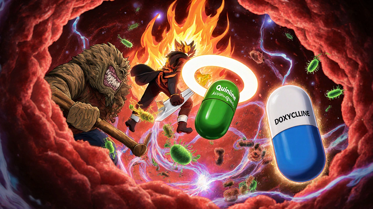Anthropomorphic drug characters fighting malaria parasites inside a red blood cell.