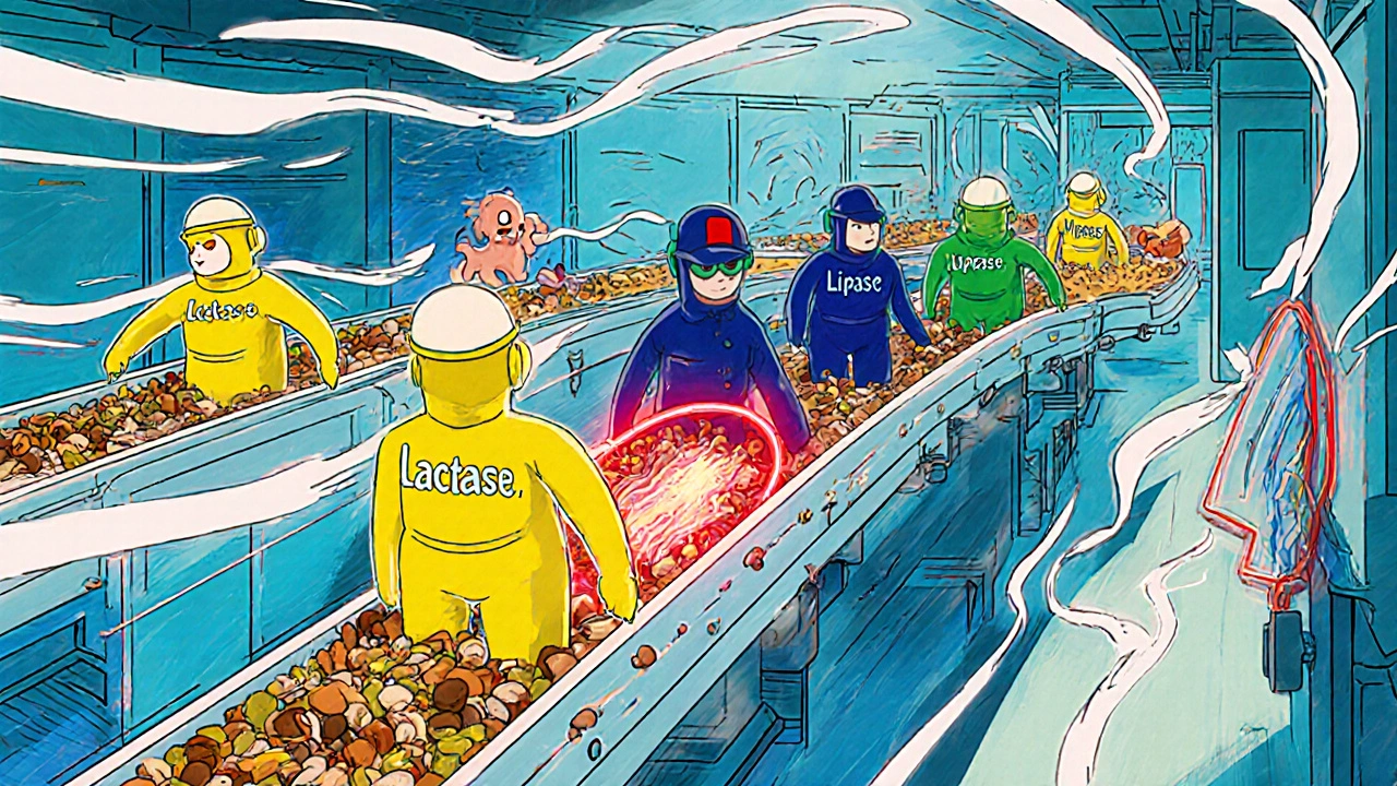 Body factory assembly line with enzyme workers, one missing causing a jam.