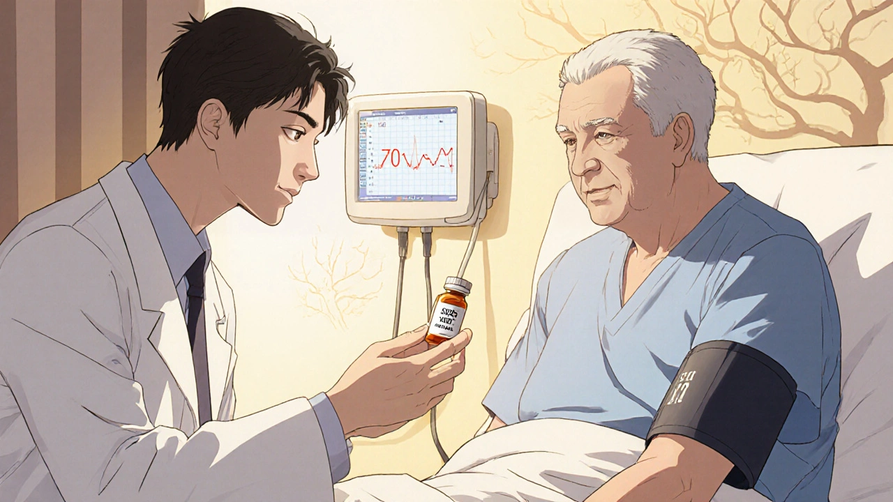 Clinician adjusting carvedilol dose while monitoring heart rate and blood pressure.