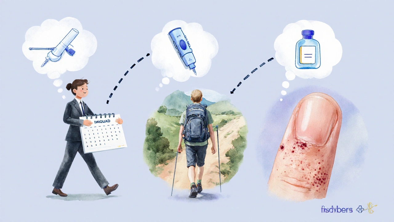 Collage of a worker, hiker, teen with wart and treatment options.