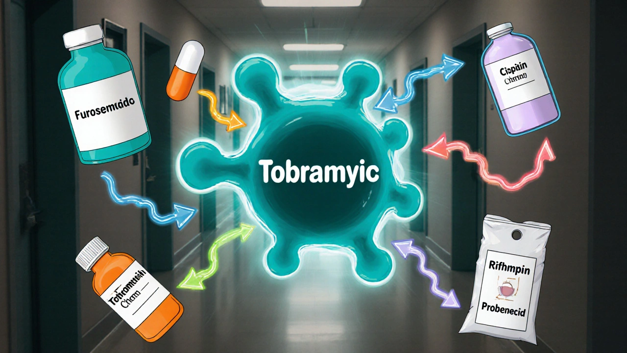 Collage of Tobramycin molecule surrounded by loop diuretic, NSAID, Vancomycin, and cisplatin icons.