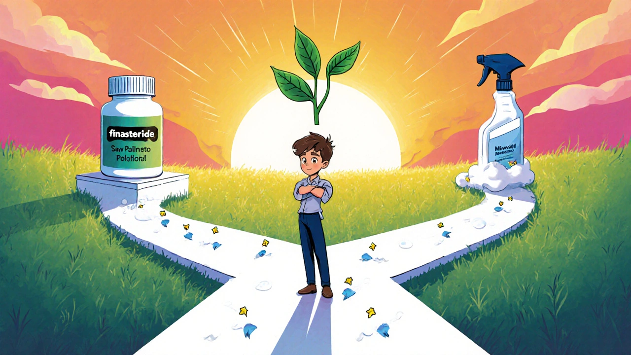 Decision‑tree illustration of a man choosing between pill, natural, and topical hair‑loss treatments.