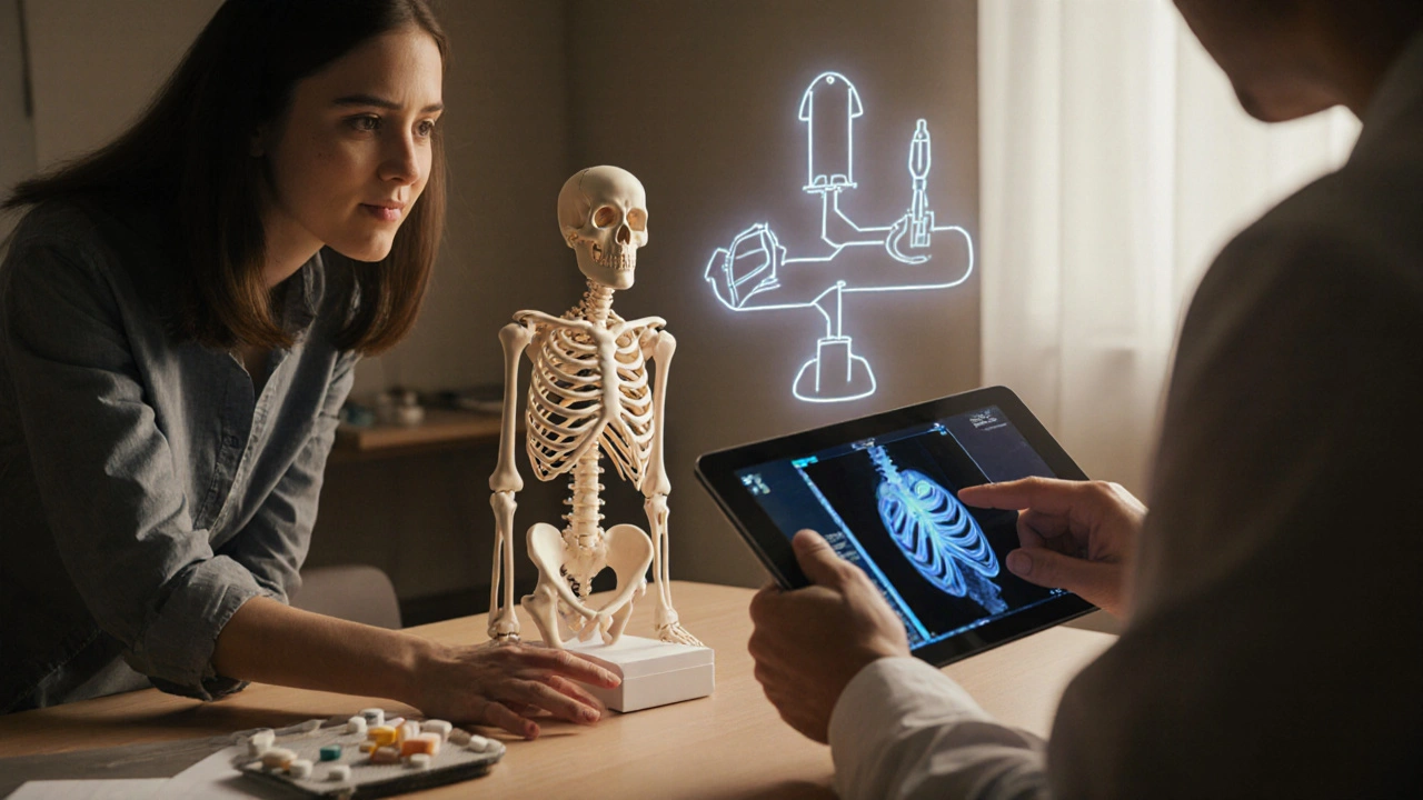 Doctor and patient discussing bone health beside a 3D bone model with treatment paths in the background.