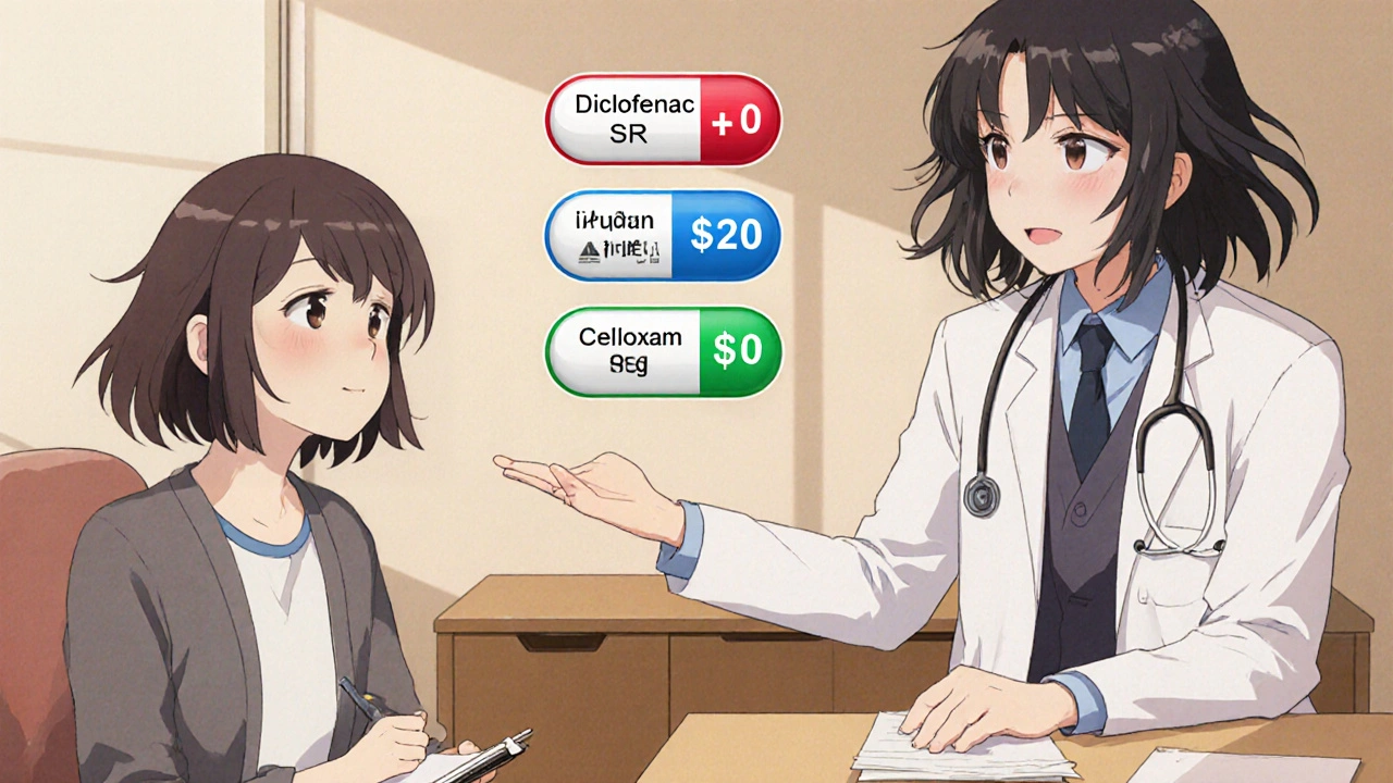 Doctor and patient discussing medication options, with expressive faces and visual icons for risks and costs.