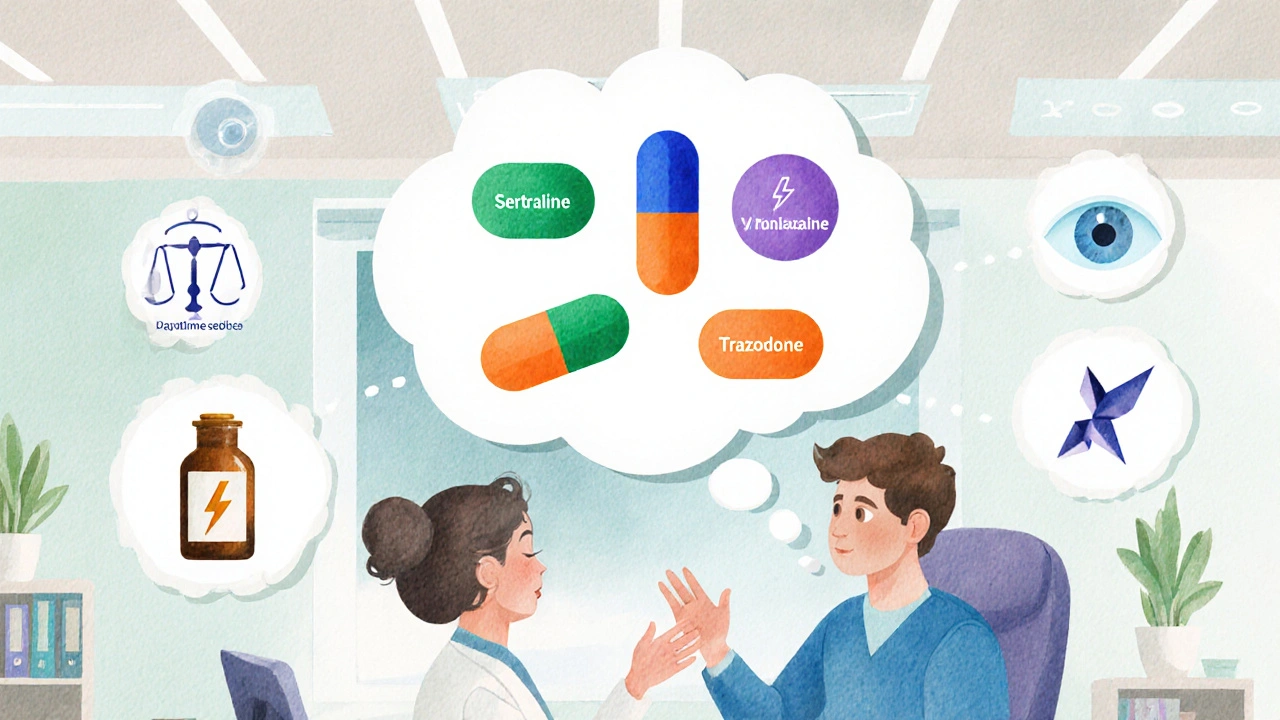 Doctor and patient with a floating cloud of various antidepressant pill icons and symbols for sideâeffect factors.