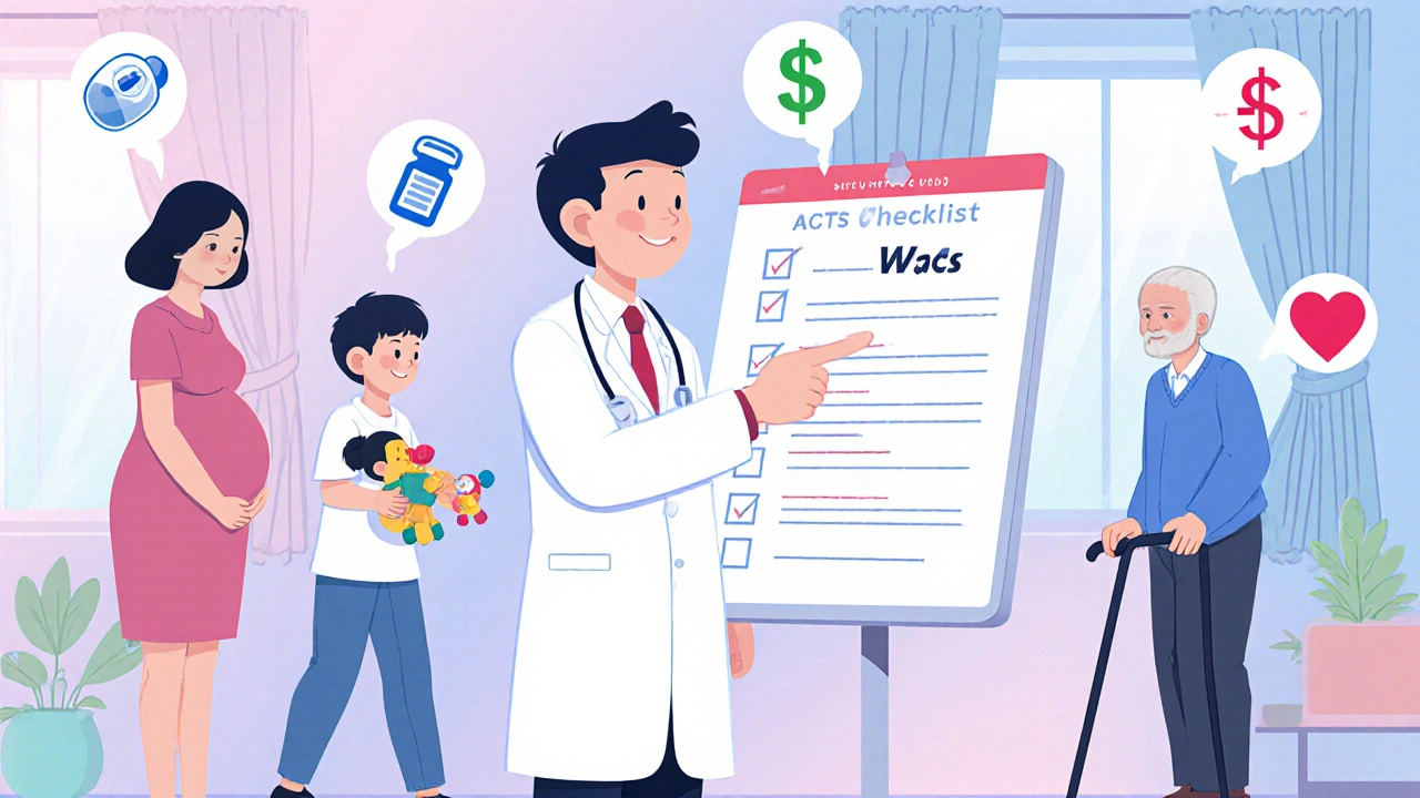 Doctor consulting pregnant woman, child, and elderly patient with floating drug icons.