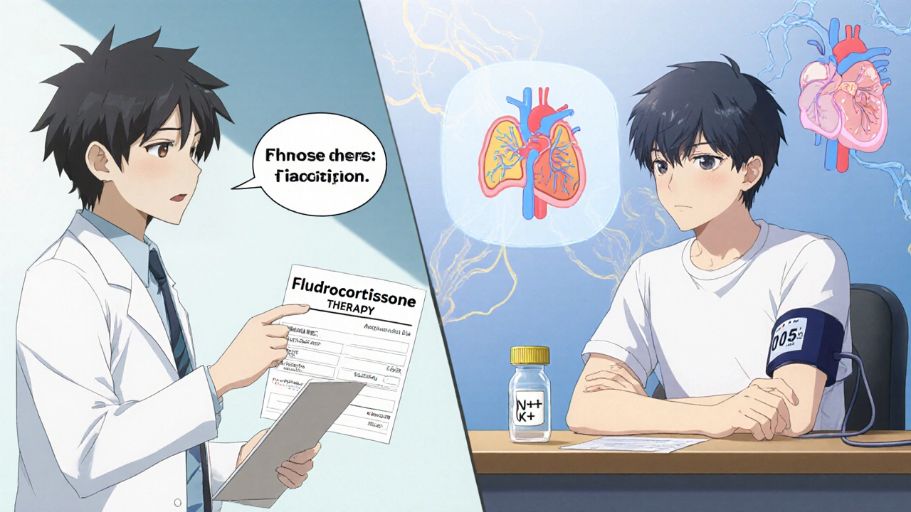 Doctor prescribing fludrocortisone to a patient with blood pressure cuff and lab vials.