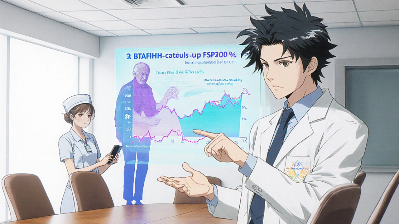 Doctor reviewing holographic trial results with patient silhouette in a hospital room.