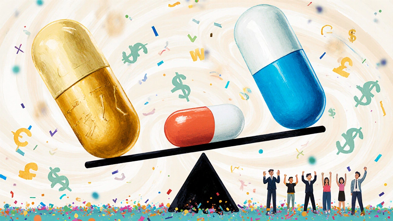 Giant ED pills on a floating scale, with Tadalis SX tipping the balance as tiny figures cheer below.