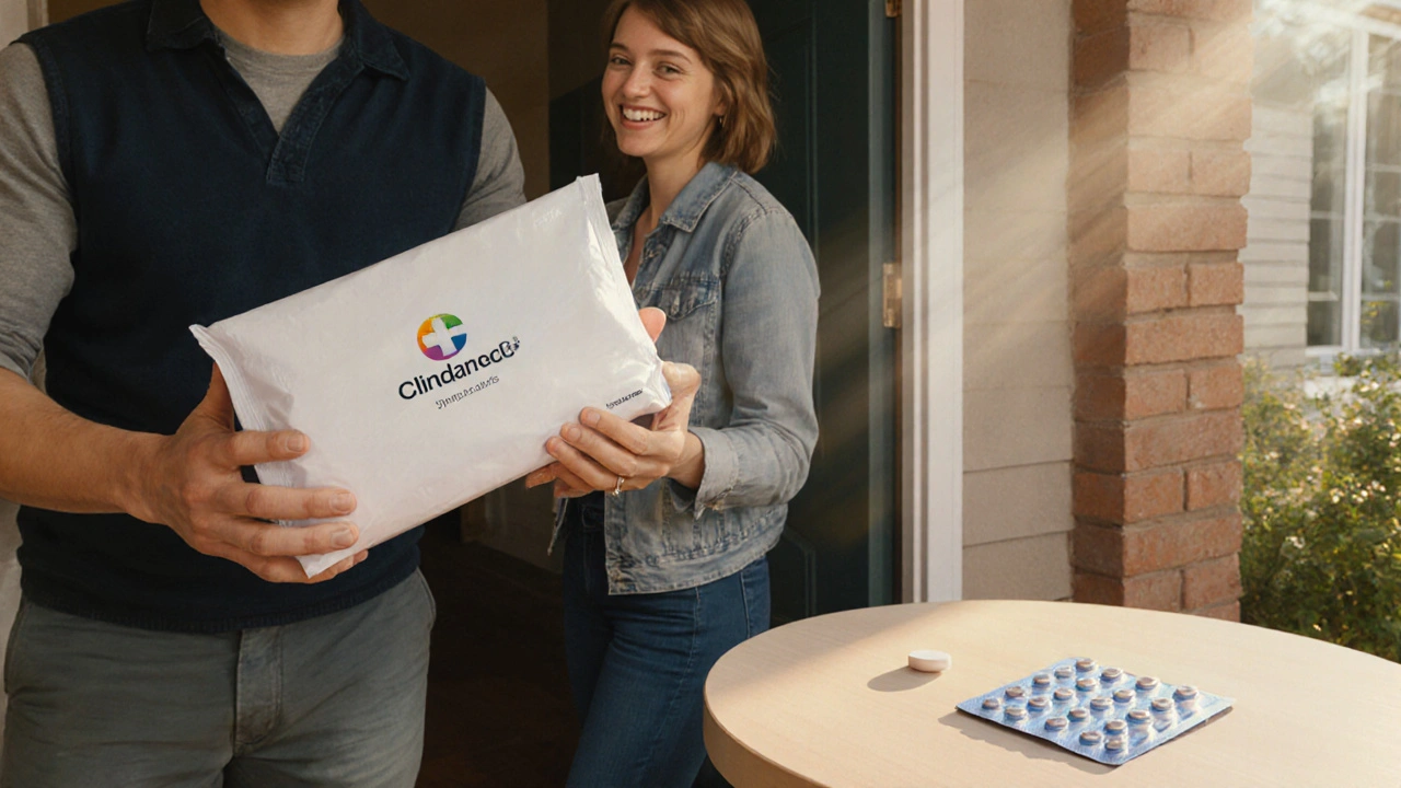 Hand receiving a sealed package with clindamycin tablets on a table.