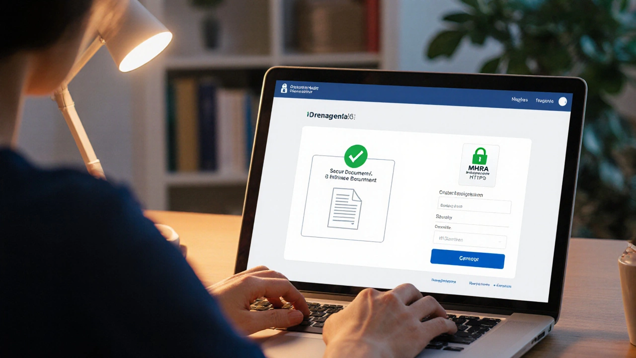 Illustration of a person uploading a prescription on a secure pharmacy website.