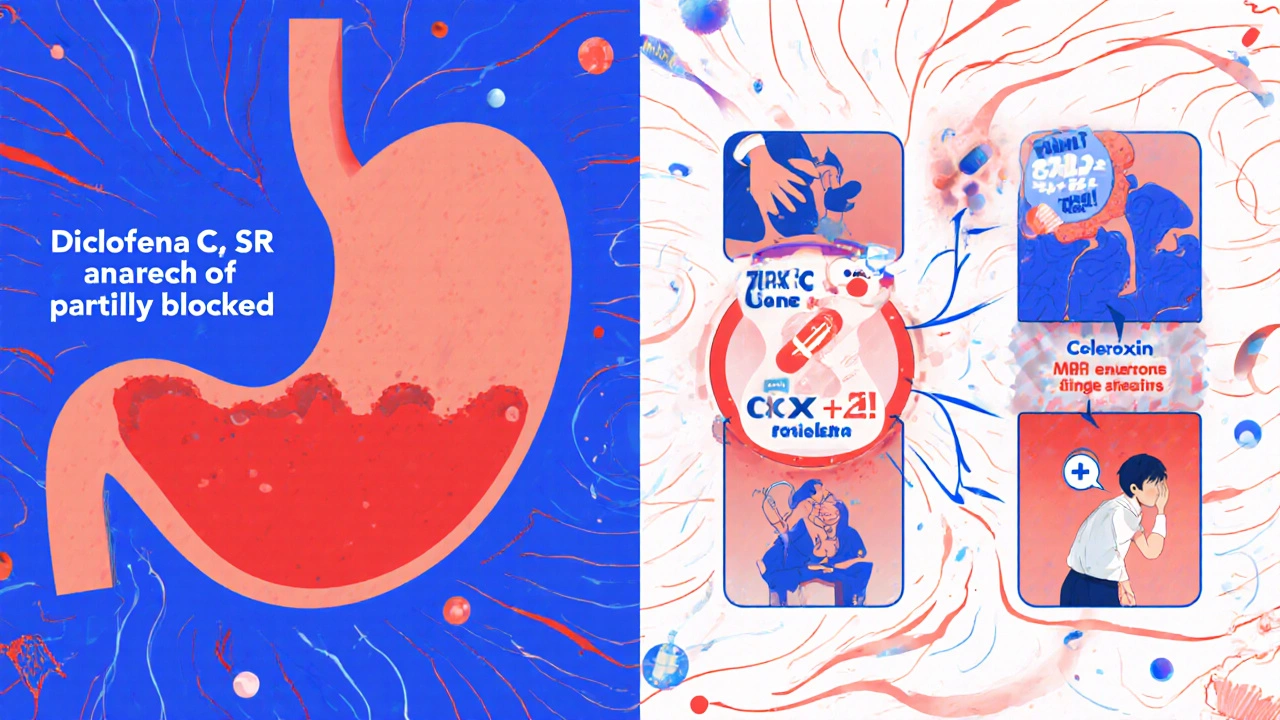 Illustration of COX enzymes being blocked by different NSAIDs, with a stomach showing irritation from Diclofenac SR.