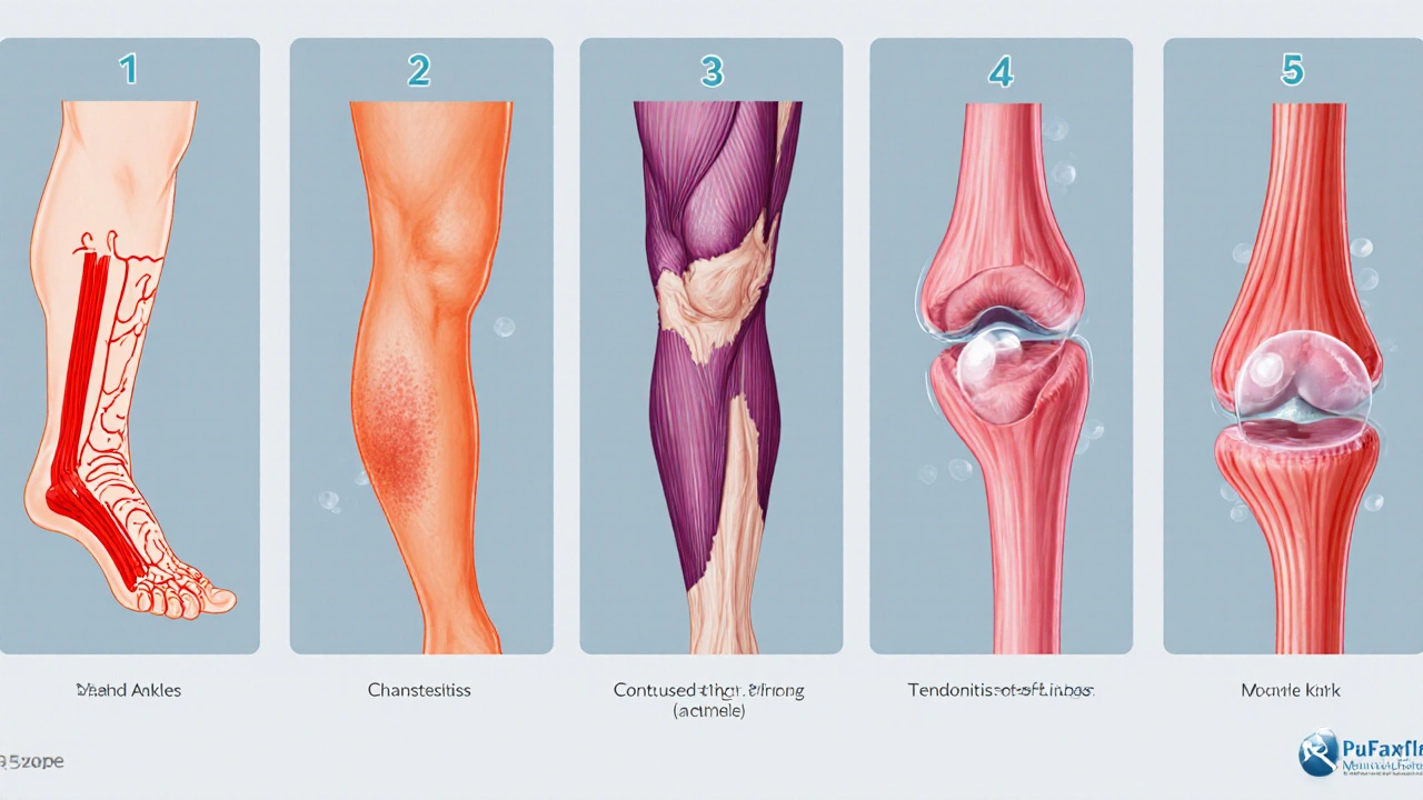 Illustration of five soft‑tissue injuries: sprain, strain, contusion, tendonitis, bursitis.
