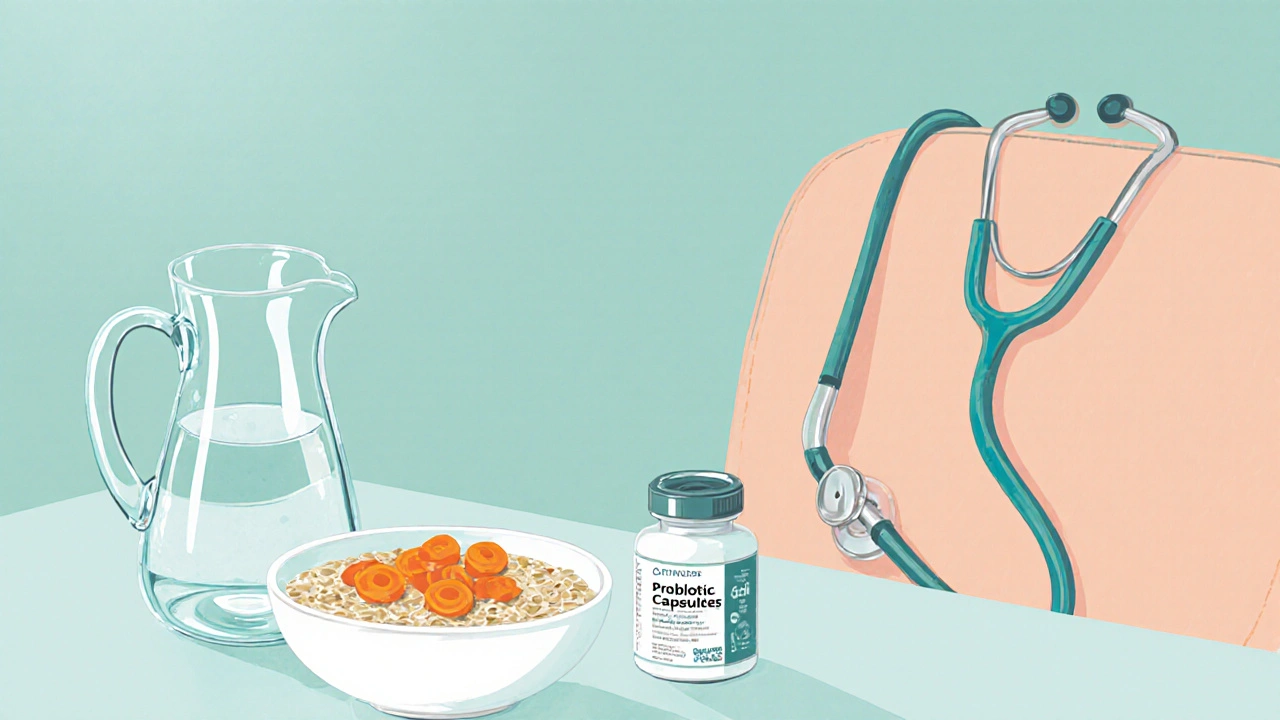 Kitchen with water pitcher, oatmeal, carrots, and probiotic bottle, hinting at gut health support.