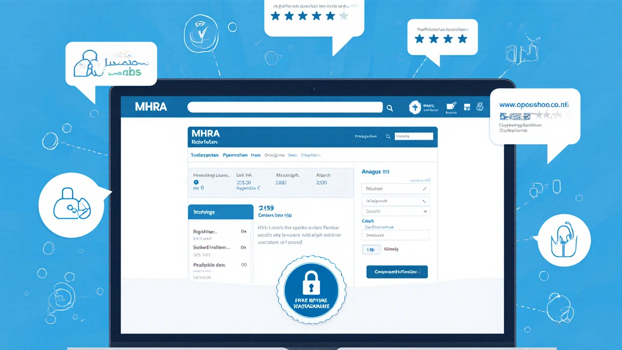 Laptop screen showing a verified online pharmacy with MHRA badge and price details.