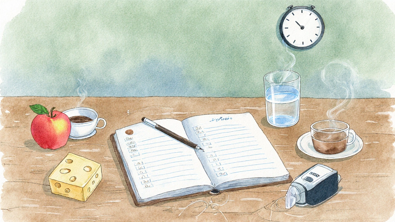 Open food diary with pen, surrounding sketches of foods and a breath test kit on a desk.
