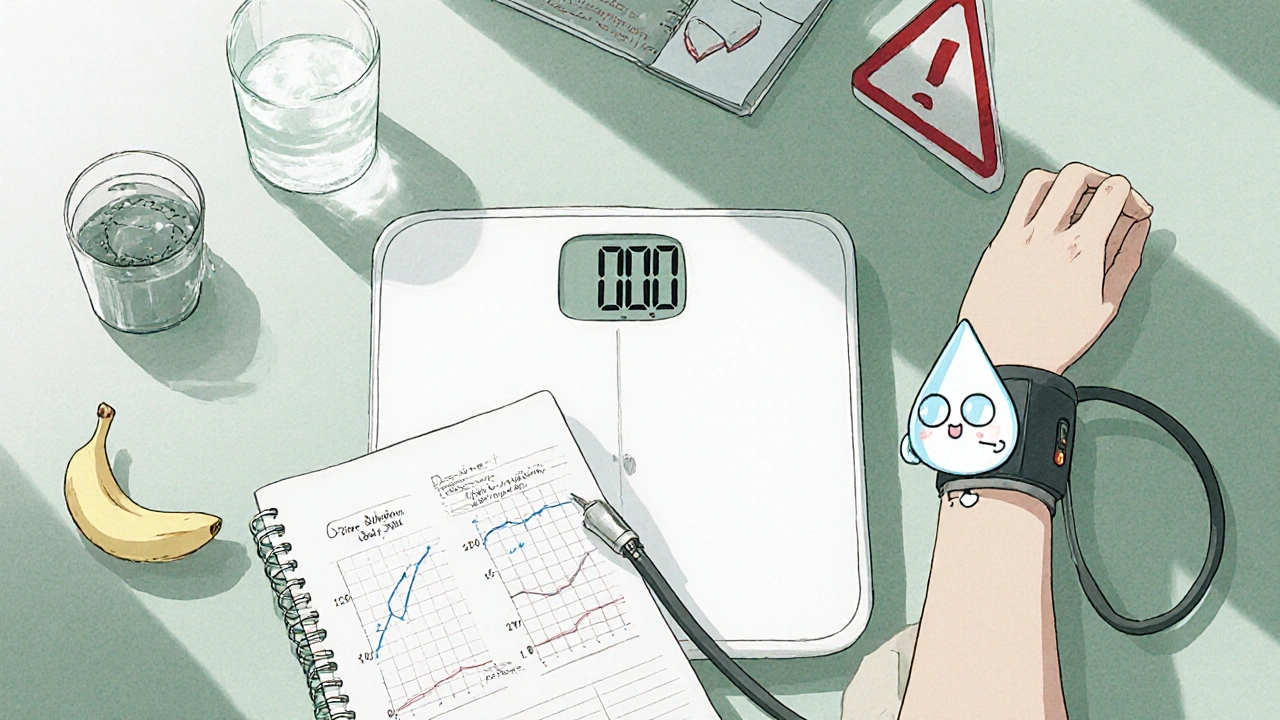 Patient at home checking blood pressure and sodium levels, with water and banana symbols.