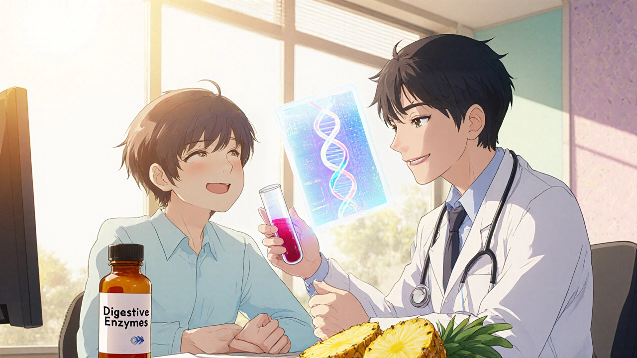 Patient consulting doctor, showing tests and enzyme supplements in bright clinic.