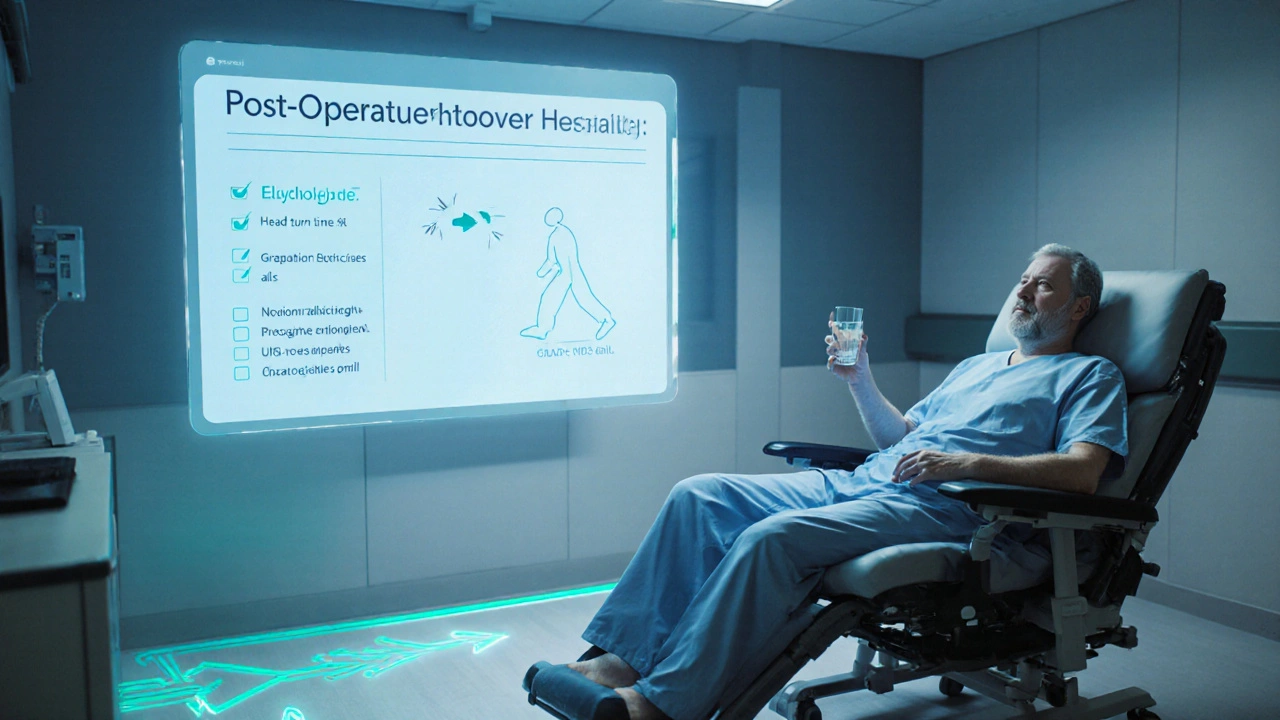 Patient holding electrolyte drink while floating holographic checklist shows vestibular exercises and walking path.