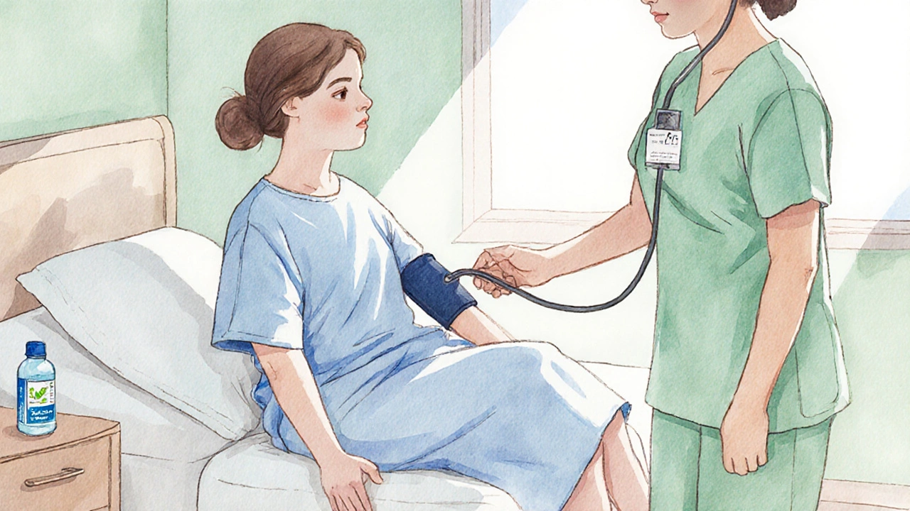Patient sitting on a hospital bed with legs over the side, nurse assisting and checking blood pressure.