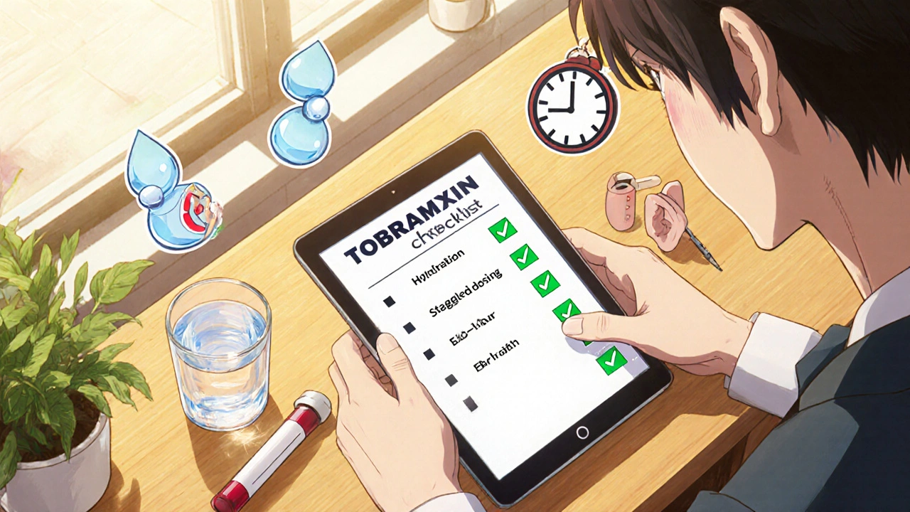 Person checking a Tobramycin interaction checklist beside water, blood test vial, and ear exam tools.