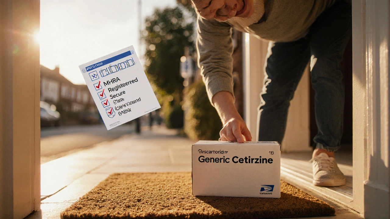 Person receiving a parcel of generic Zyrtec tablets at their doorstep, checklist nearby.