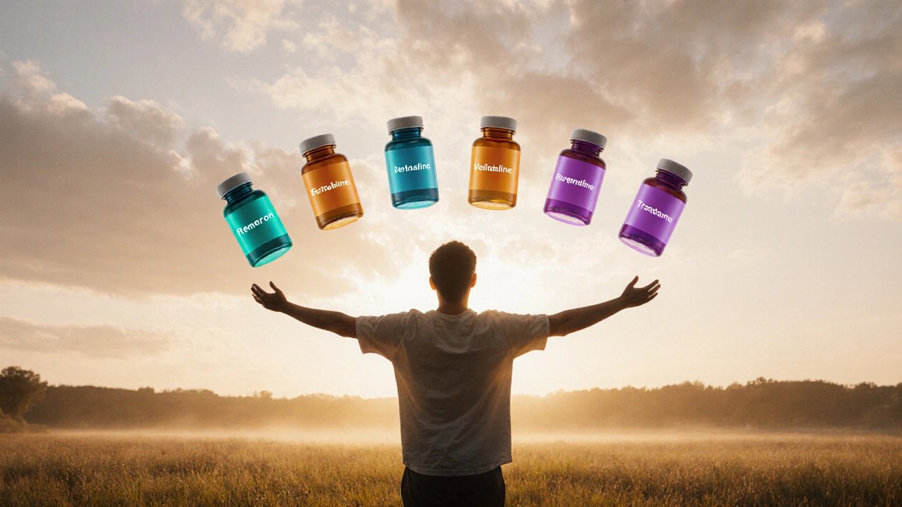 Person standing at sunrise surrounded by glowing antidepressant bottles forming a hopeful circle.