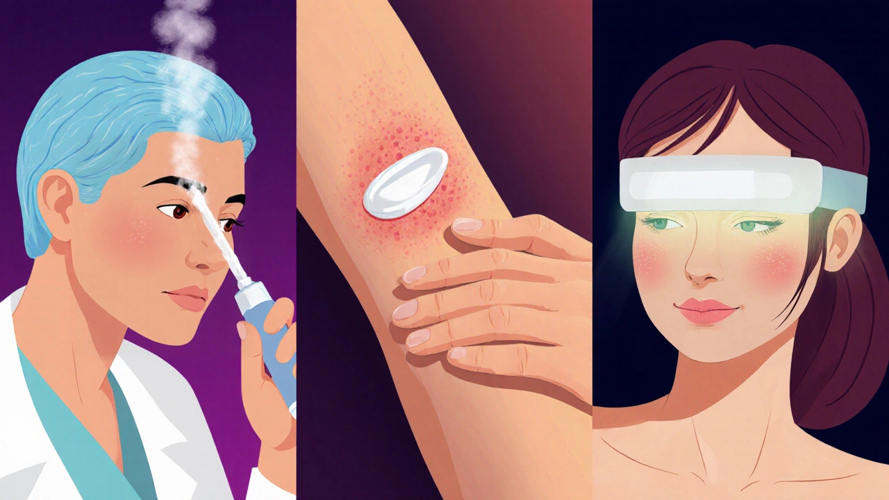 Side‑by‑side view of Cryotherapy, 5‑FU cream, and photodynamic therapy.