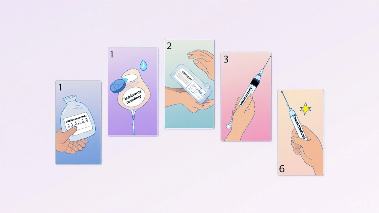 Six panels showing different osteoporosis medications: tablets, IV bag, injection pen, and daily syringe.