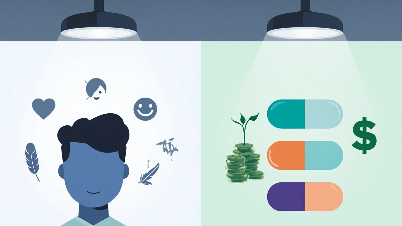 Split‑screen cartoon showing side‑effect icons beside pill capsules with cost and hair‑growth symbols.