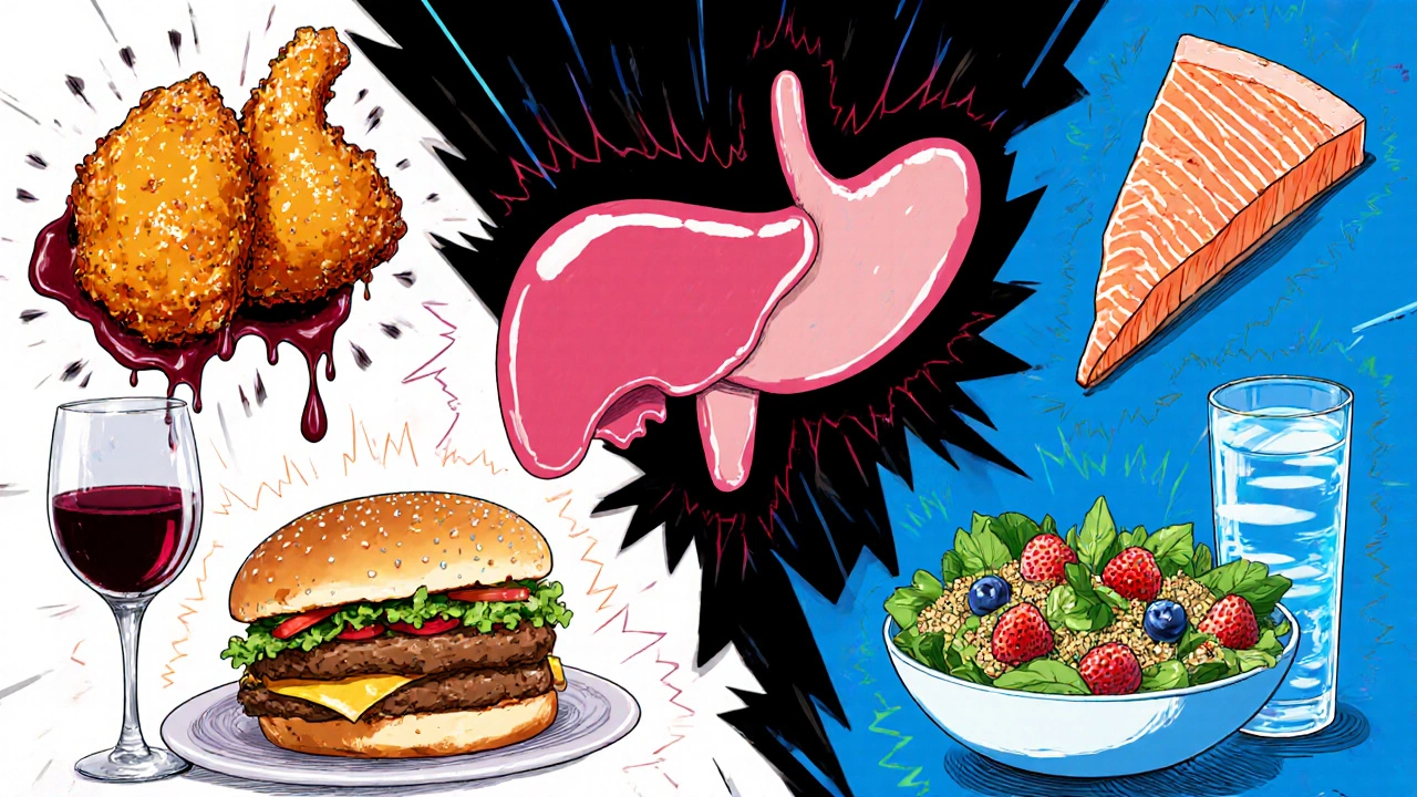 Split view of unhealthy foods versus healthy foods around a pancreas silhouette.