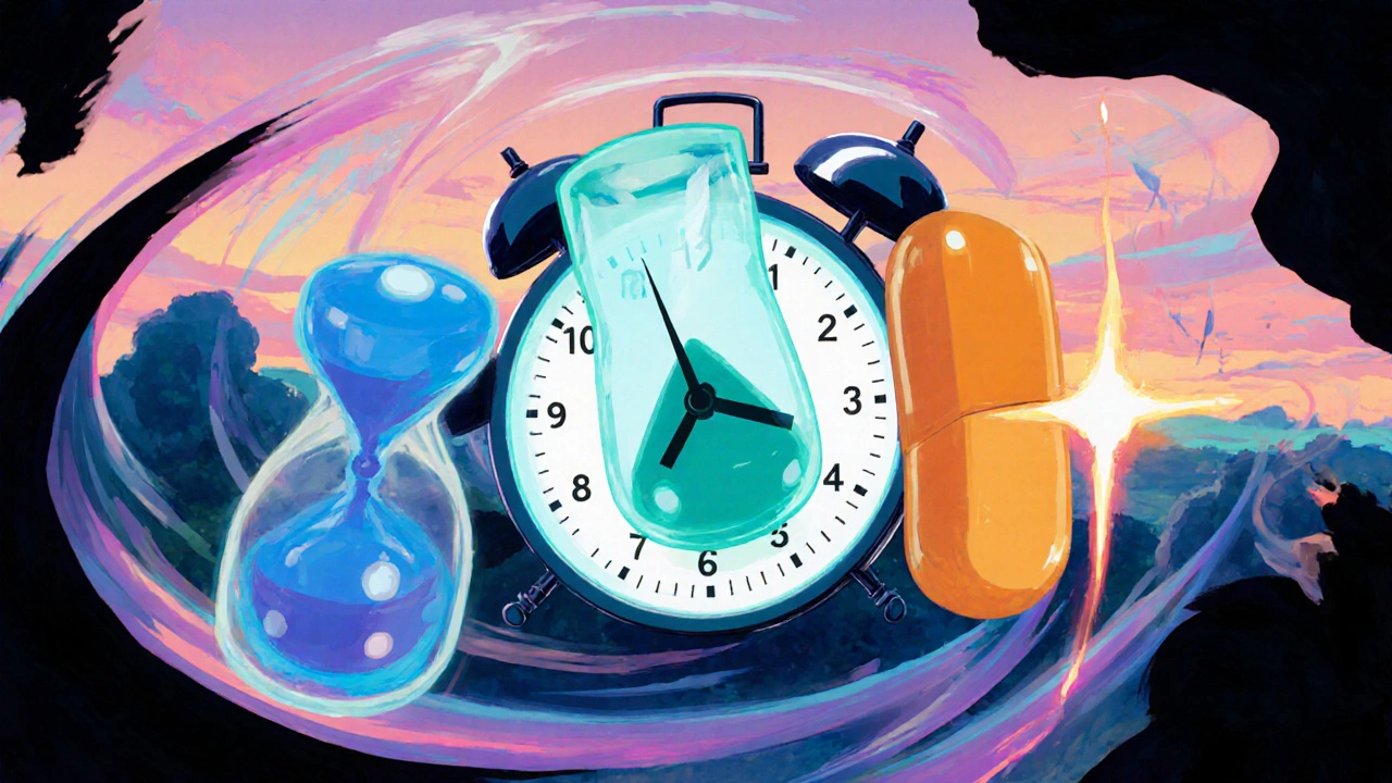 Three animated tablets surrounded by clocks showing different onset and duration.