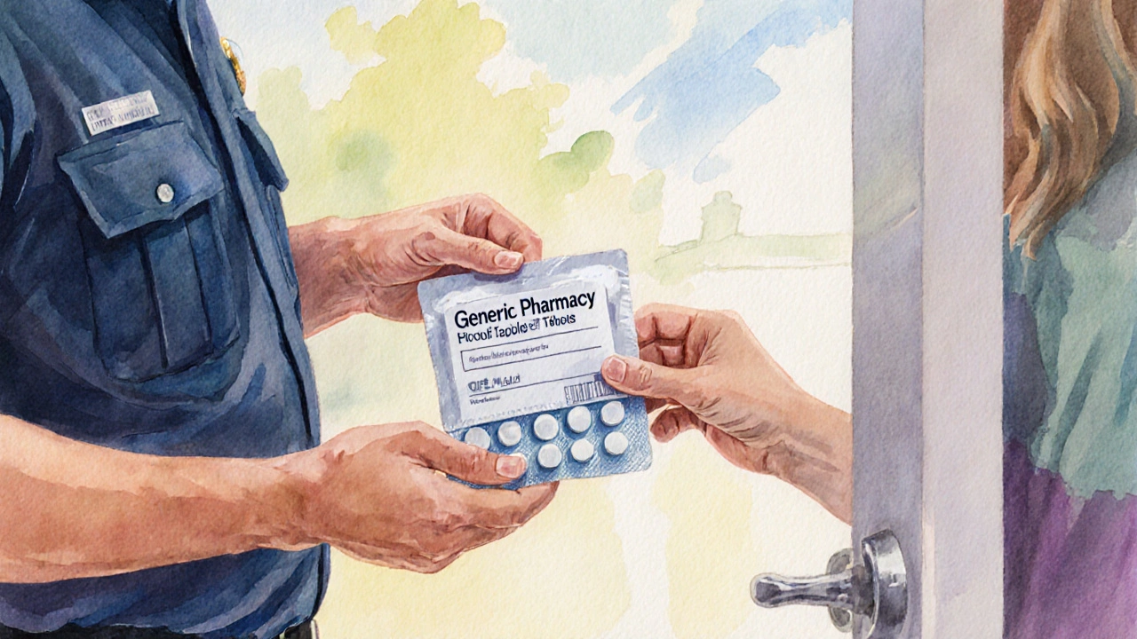 Watercolor scene of a courier delivering a medication parcel to a patient.