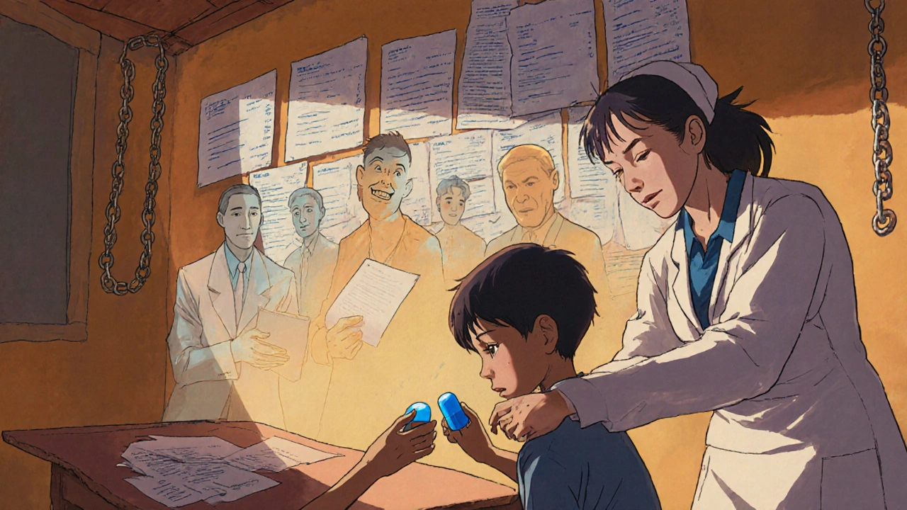 A child receives a generic pill in a clinic while corporate ghosts loom over paperwork.