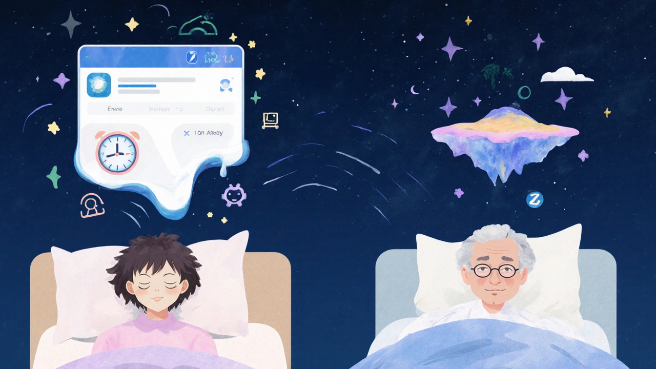 A digital CBT-I app guiding a teen and elderly person through calming, abstract dreamscapes of rest.
