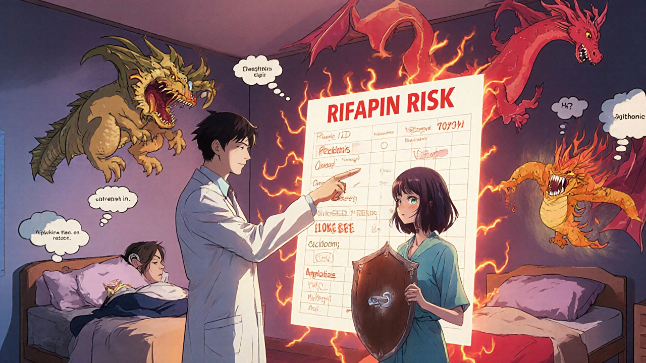 A doctor points to a giant risk chart as patient holds copper IUD like a shield, rifampin as a dragon behind them.
