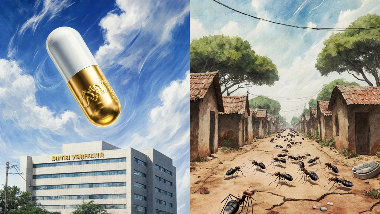 A giant branded pill looms over a Western hospital while tiny generic pills travel through an African village.